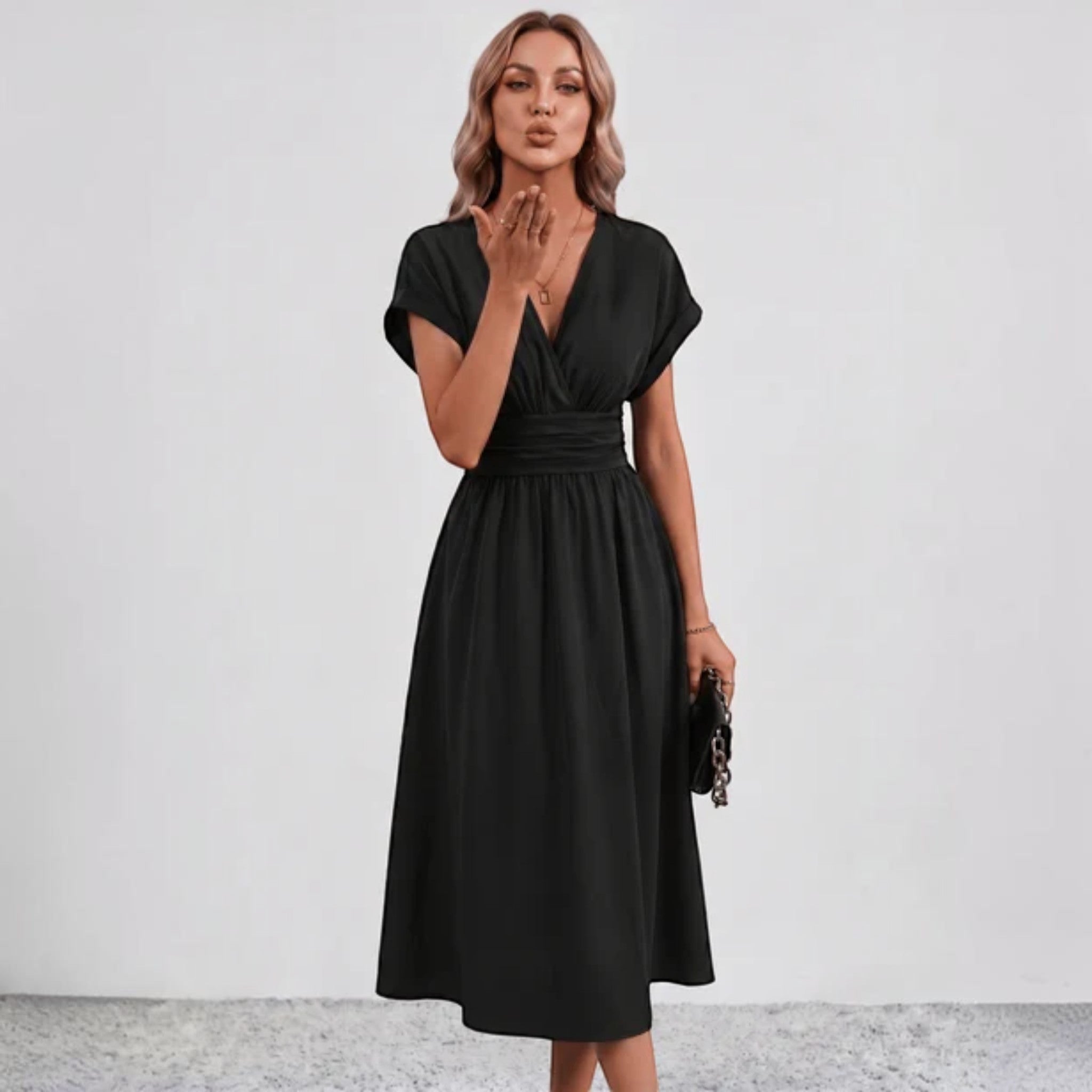 Women Flowy Midi Dress Deep V Ruched Waist Wedding Guest - Image 8