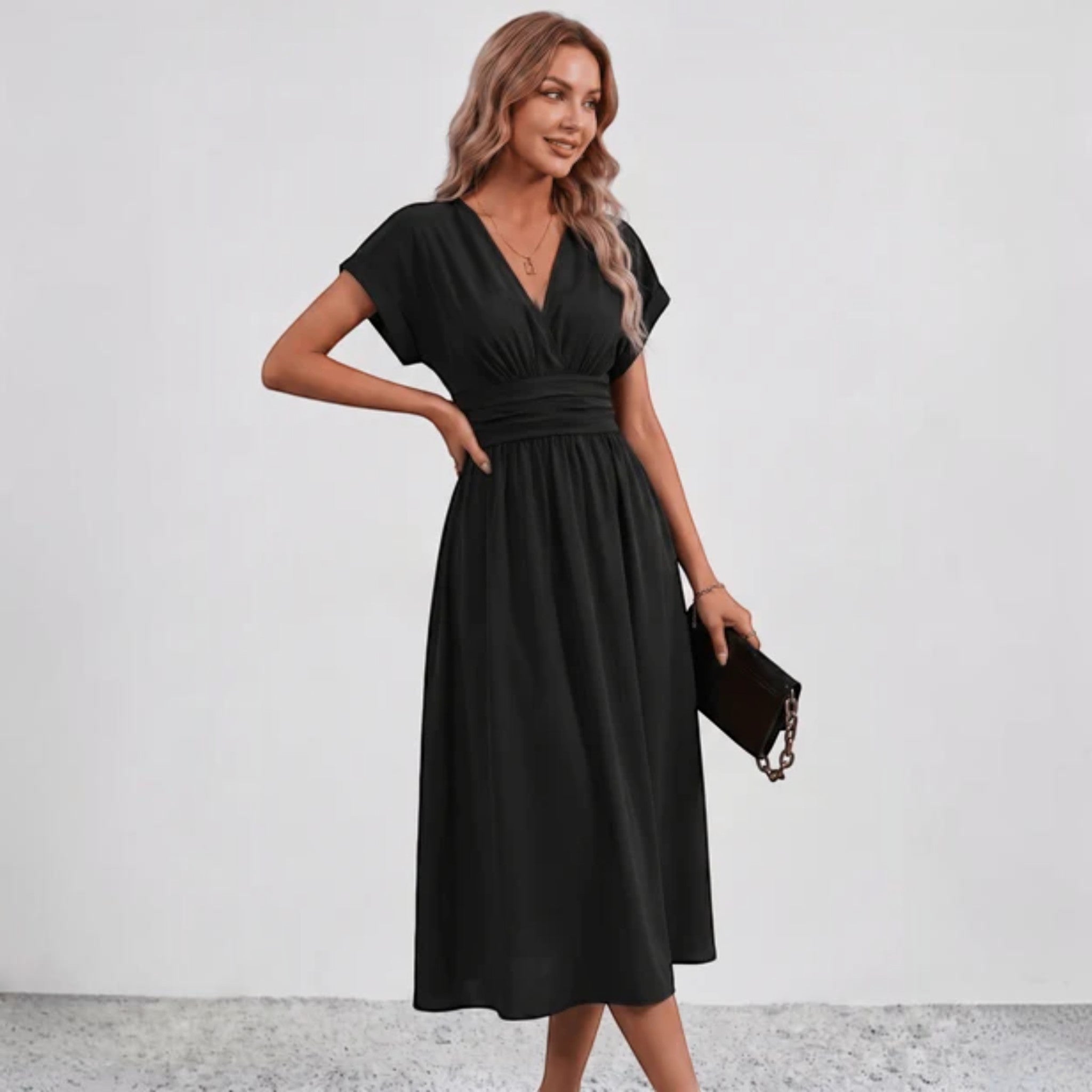 Women Flowy Midi Dress Deep V Ruched Waist Wedding Guest - Image 9