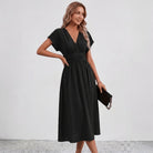 Women Flowy Midi Dress Deep V Ruched Waist Wedding Guest - Image 9